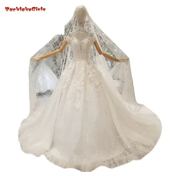 

2018 Nature White Lace Sleeveless Bridal Gowns Chapel Train Floor-length Princess Backless Wedding Dresses With Long Veil Real