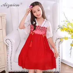 Orientale национальный ветер Детская Hanfu юбка Китайская традиционная одежда для детей Восточный стиль красный шифон Повседневное платье Qipao
