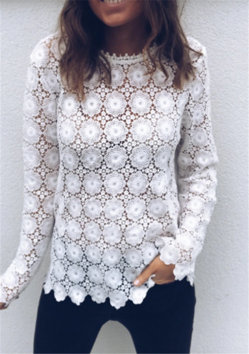 

Women Floral Lace T Shirt Beach Cover ups Long Sleeve Patchwork Slim Blusas Ladies Tops Beach cloth
