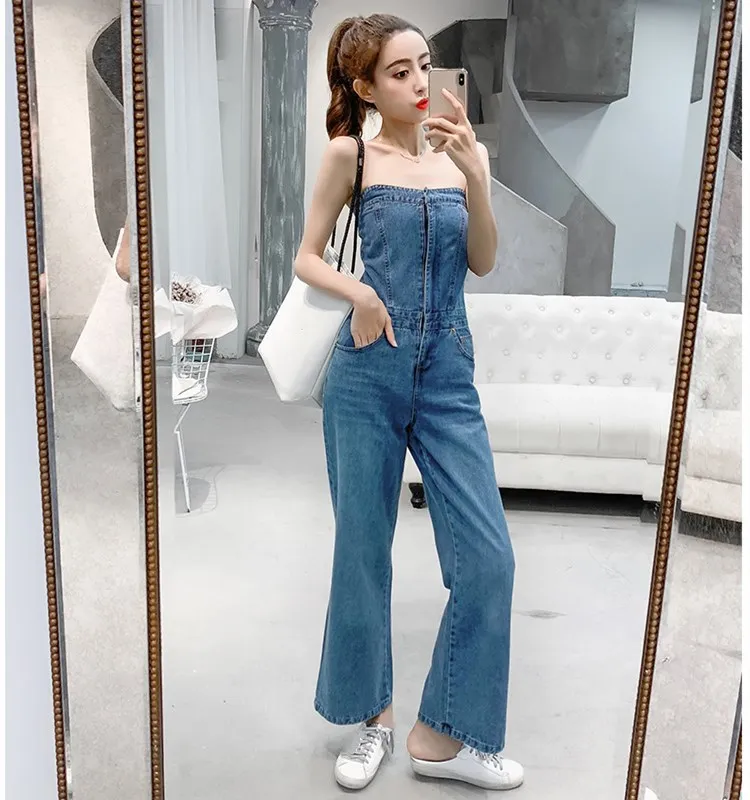 

Fashion Women Off Shoulder Denim Jumpsuit Solid Summer Sexy Sleeveless Long Romper Vocation Holiday Wide Leg Overalls