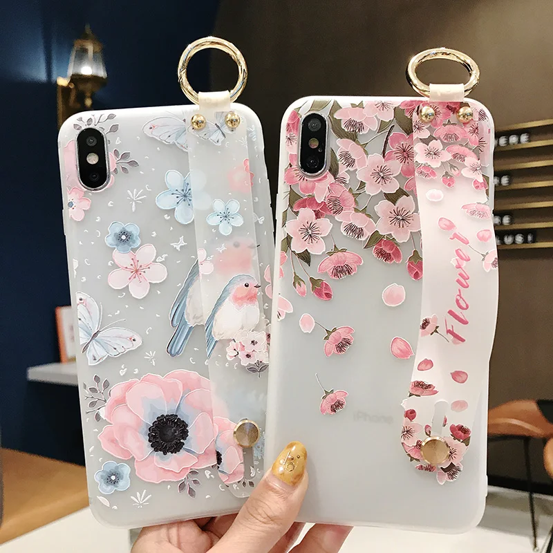 

For Samsung Galaxy M20 Case 3D Relief Flower Wrist Strap TPU Cover For Samsung Galaxy A10 A20 A30 A40 A50 A60 A70 Stand Coque