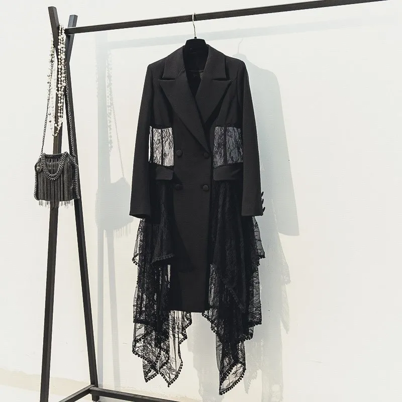 Women Long Sleeve Lace Spliced Double Breasted Blazer Coats Elegant Irregular Long Blazer Jackets Runway Hollow Out Long Blazer