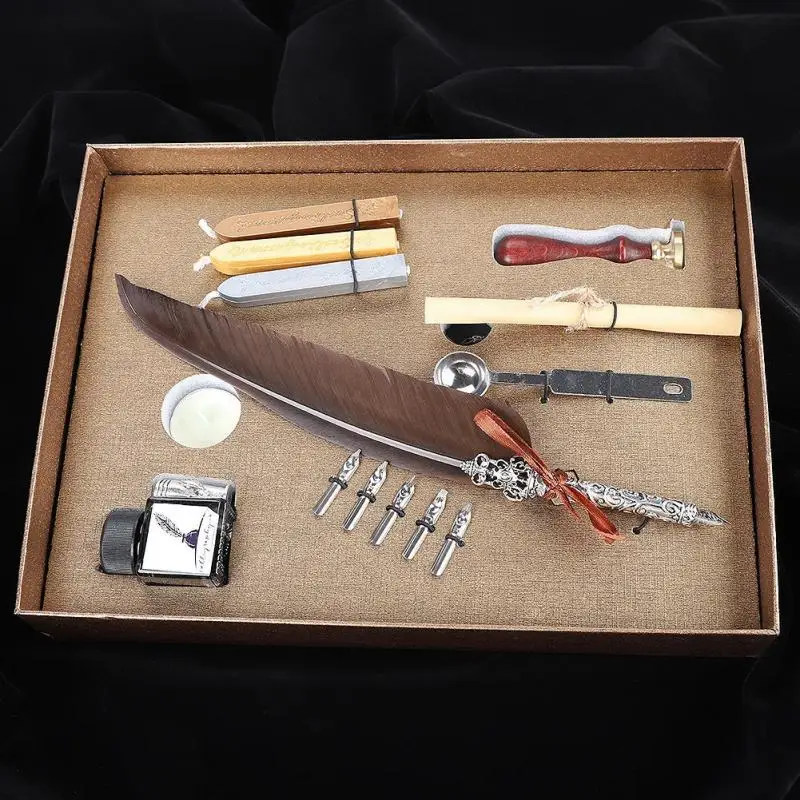 

Retro Quill Feather Writing Pen Gift Box with Empty Ink Bottle Quill Set for Teacher Dark Brown Gifts
