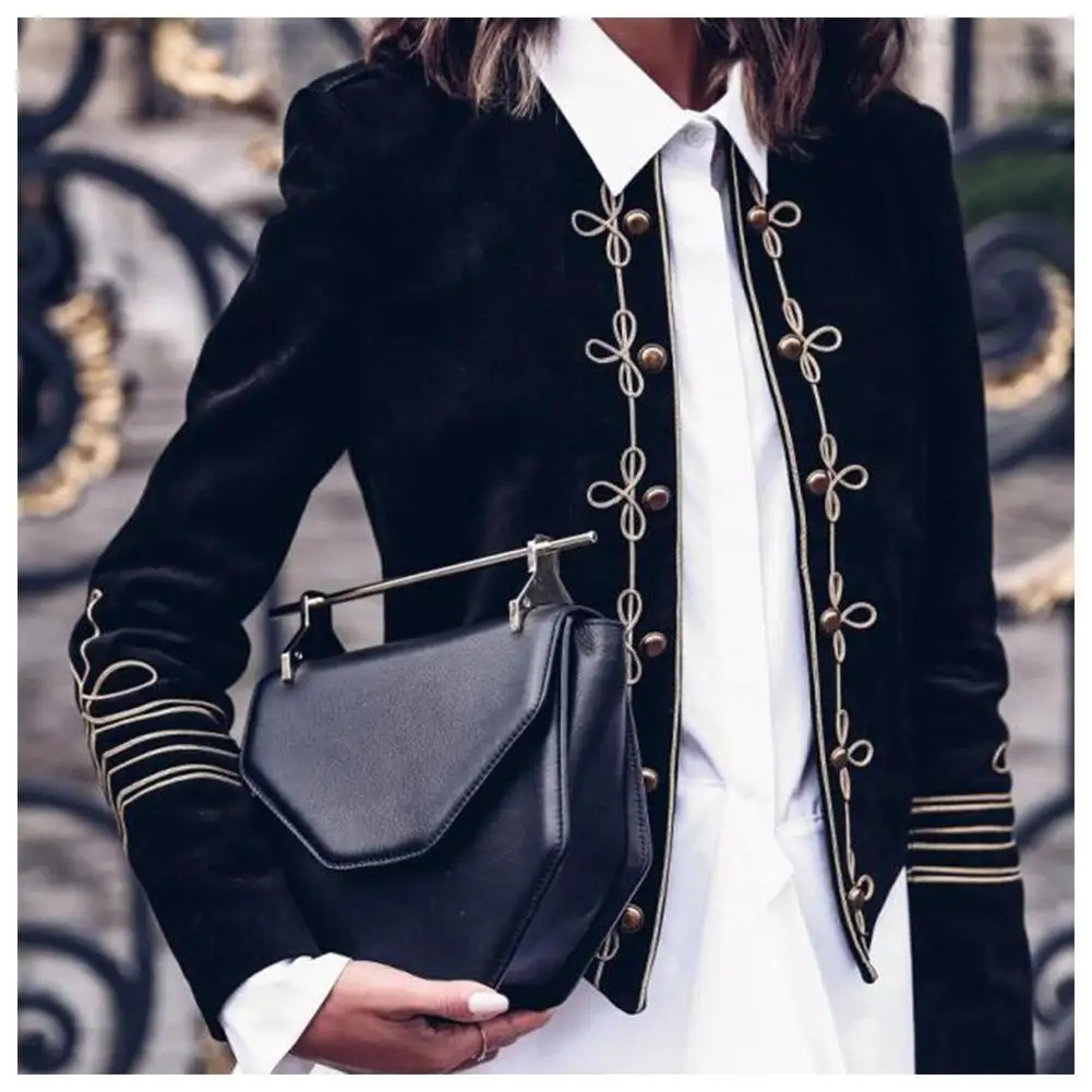 MISSKY 2019 New Women Jacket Solid Color Double-breasted Short Style Long Sleeve Printed Coat For Autumn Spring