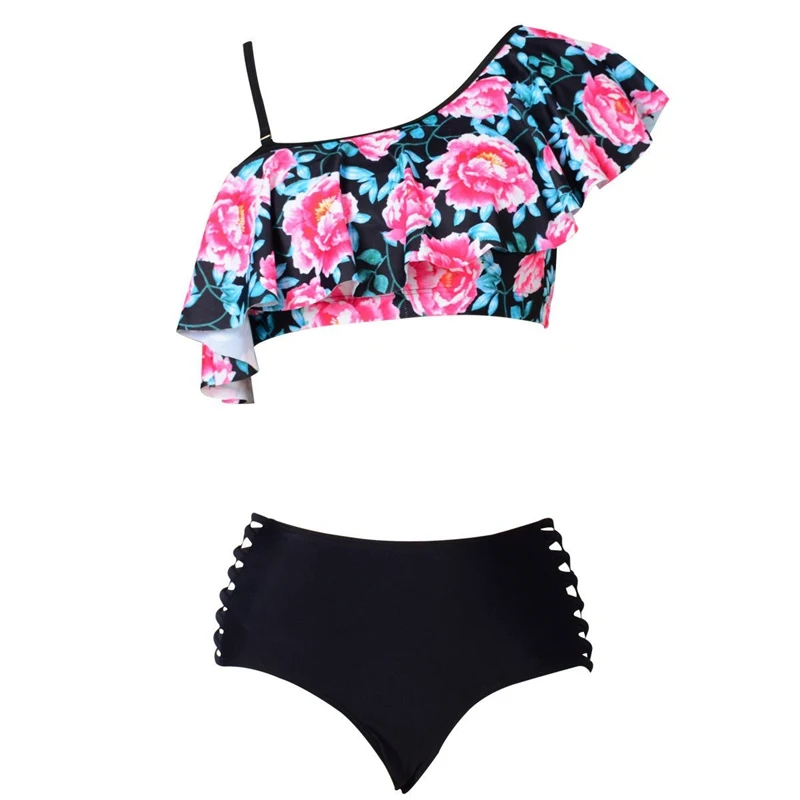 

Sexy Women Summer Swimwear High Waist Bikini Set Slanted Shoulder Push-up Padded Bra Bathing Suit Swimsuit Beachwear