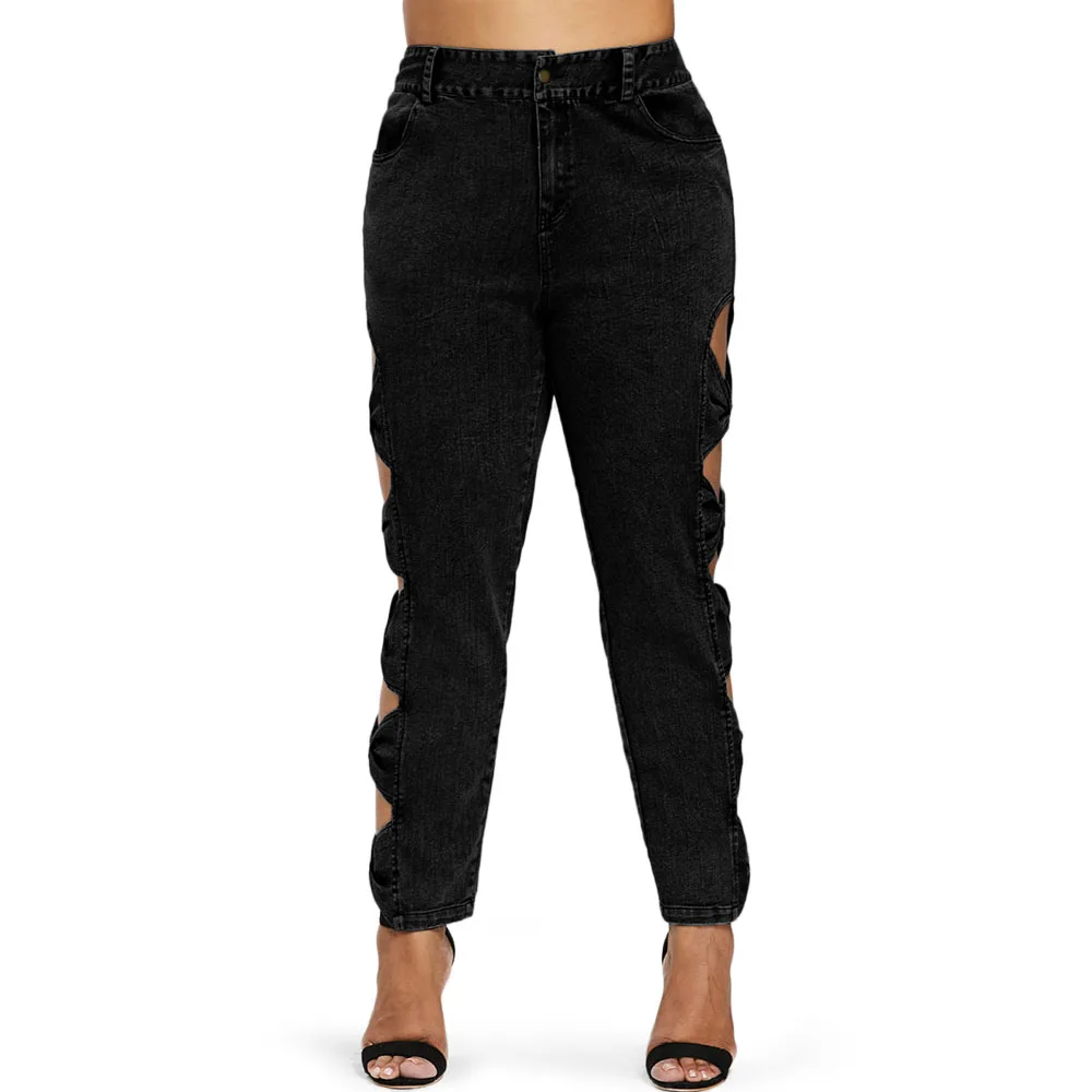 Rosegal/Большие размеры, обтягивающие джинсы с высокой талией, женские сексуальные выдалбливающиеся джинсовые брюки с растениями, черные рваные джинсы с бантом, Femme