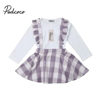 

Pudcoco Newborn Baby Girls White Long Sleeve Bodysuit + Light Purple Plaid Overall Skirt Suspender Outfit