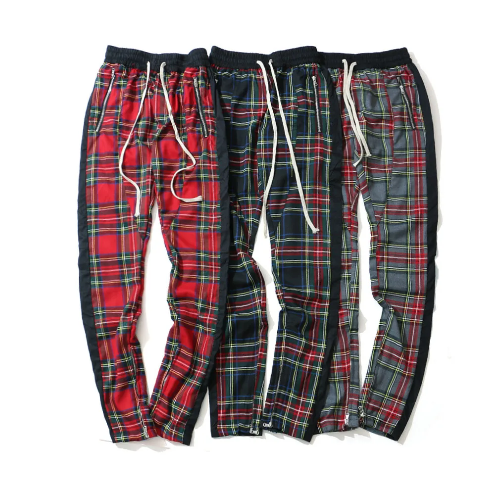 Шотландские уличные винтажные мужские штаны в клетку, на молнии, уличная одежда, повседневные спортивные штаны, брюки в стиле хип-хоп, спортивные штаны на завязках