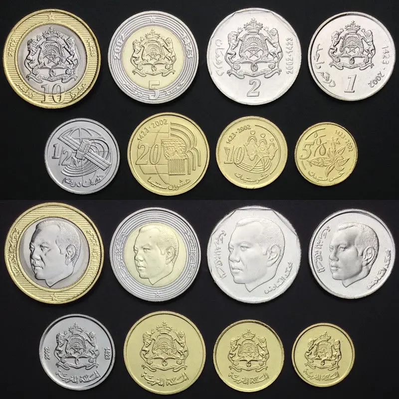 M-3] Morocco Set 8 Coins, 0.5 1 2 5 10 Dirham 5 10 20 Santimes, 2002, UNC, Africa, Collection, Gift, Real Genuine Coin