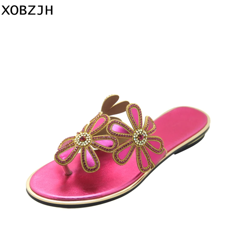 

Women Shoes 2019 Summer Flat Sandals Luxury Flower Rhinestone Fuchsia Wedding Party Women Sandals Open Toe Plus Size XOBZJH