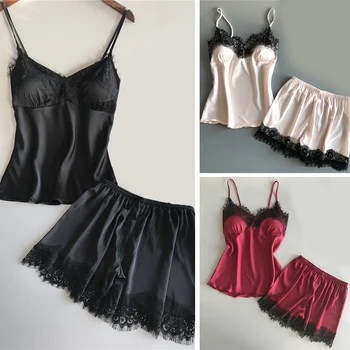 

Cotton Two Piece Set Women Silk Pajamas Sexy Chest Pad Nightwear Ladies 2019 Summer Solid Color Lace Homewear Female Lingerie