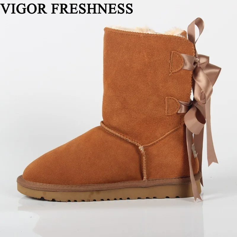 

VIGOR FRESHNESS Shoes Woman Snow Boots Real Leather Australian Style Cow Suede Winter Boots Warm Women Boots Mid Calf SN43