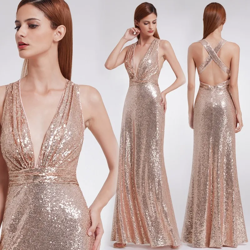 

Sexy Deep V Neck Rose Gold Sequin Prom Dresses Long Ever Pretty A Line Cross Back Sparkly Formal Party Gown Vestidos De Fiesta