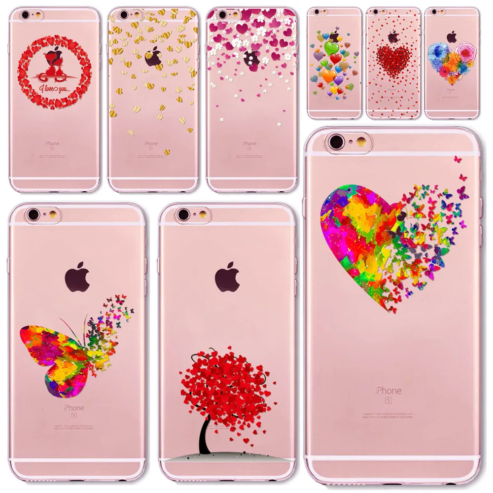Watercolor Butterfly Pink Love Heart Case For iphone 6 6s 5 5s se 7 7Plus Transparent Silicon Protective Cell Phone Cases Cover |