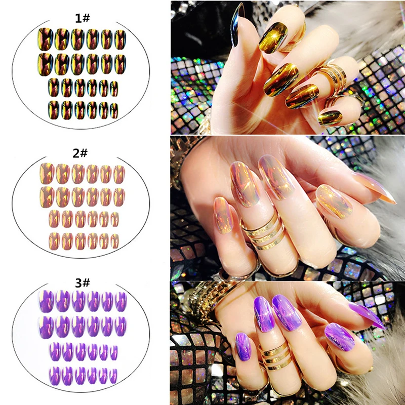 

24Pcs/Set New Reflective Metal Shining Mirror Acrylic Nails Full False Nail Magic Fake Art Manicure Press on Nail Tips With Glue