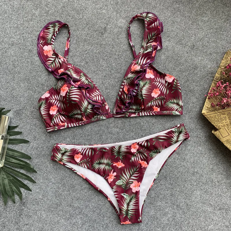 MUXILOVE 2019 New Women's Ruffled Print Ladies Swimwear Floral Straps Two-pieces Bikini Set Low Waist Bather Bathing Suit |