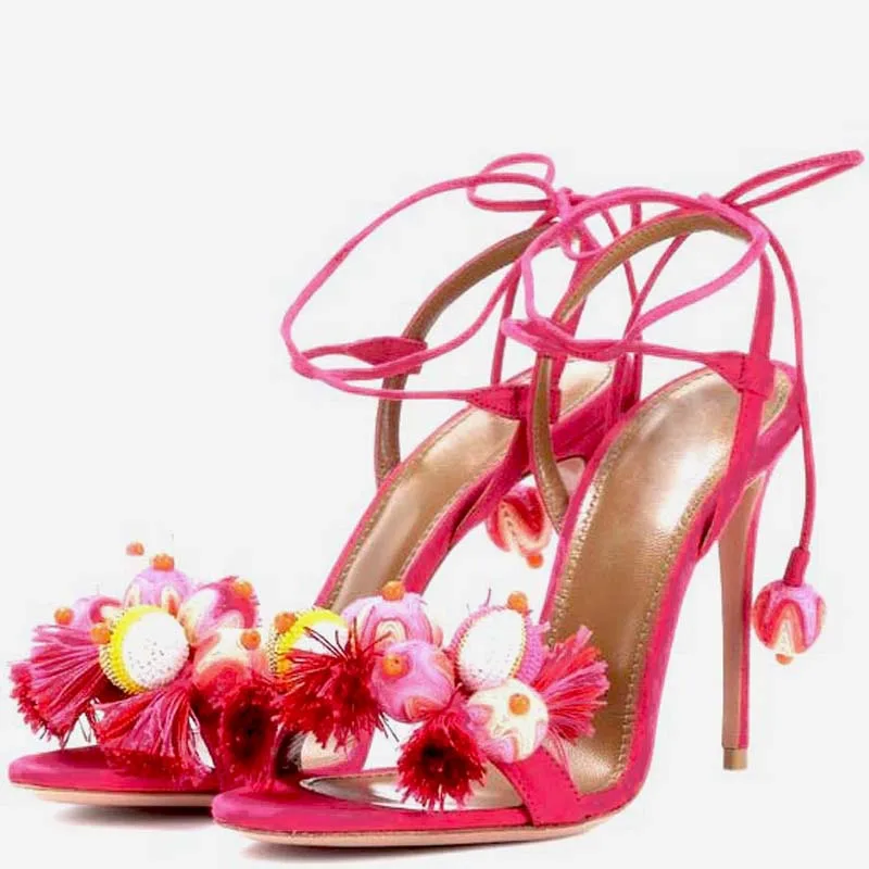 Dolce Signore Tropicana Nappa Della Sfera Pom Pom Sandali Tacchi Sottili/Low Talloni Ruvidi Multi Bobbles Open Toe Lace Up Sandali Delle Signore