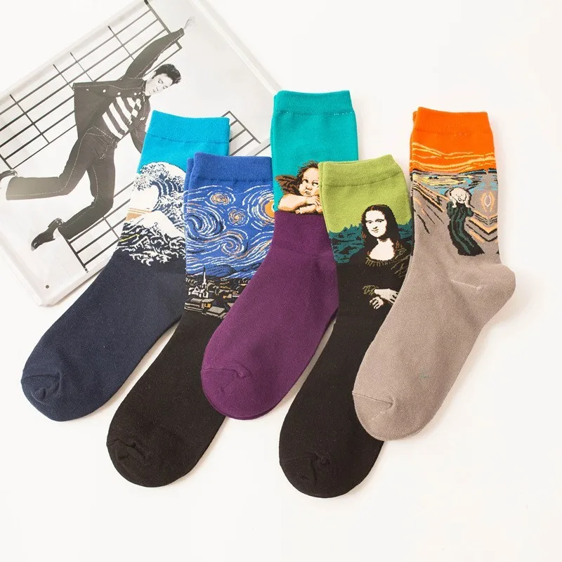 Знаменитые мужские носки с масляной росписью 5 пар/уп. Ретро Ван Гог Картина маслом Мона Лиза Звездная ночь мужские носки Harajuku носки
