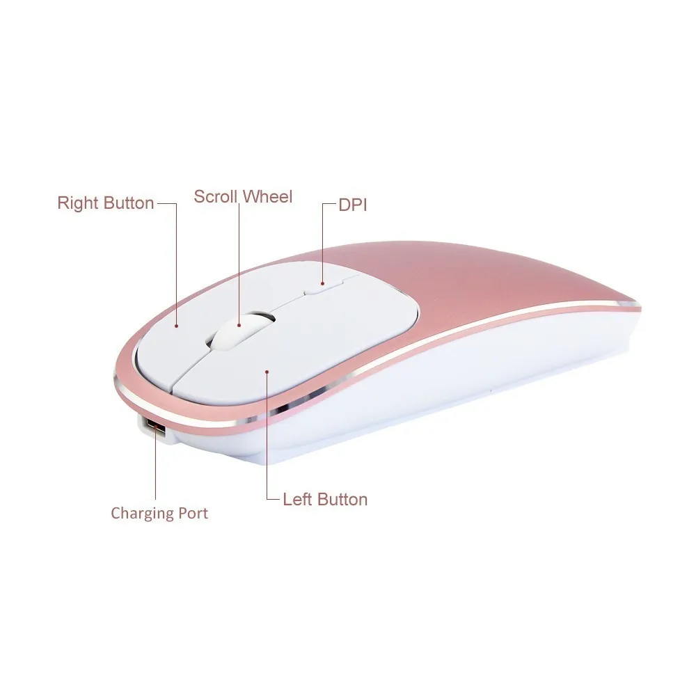 CHUYI Беспроводная перезаряжаемая Бесшумная компьютерная мышь 1600 dpi, ультратонкая оптическая мышь из алюминиевого сплава розового золота с ковриком для мыши