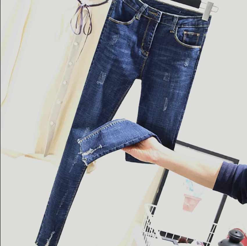 

Ripped Hole Jeans For Women Stretch High Waist Skinny Slim Fit Blue Washed Pencils Denim Pants Femme Trousers Plus Size