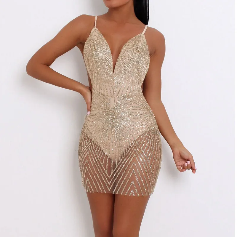 

Women Sequin Bodycon Mini Dress Strappy Sleeveless Back Cross Up Clubwear Mesh Sheer See Through Short Mini Dress Solid Color