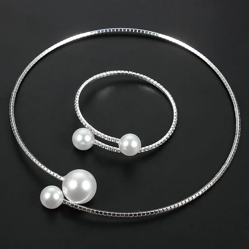 

2pcs/set Trendy Women Simple Simulated Pearl Bridal Jewelry Sets Crystal Wedding Necklace Bangle Set For Women Party Accessories