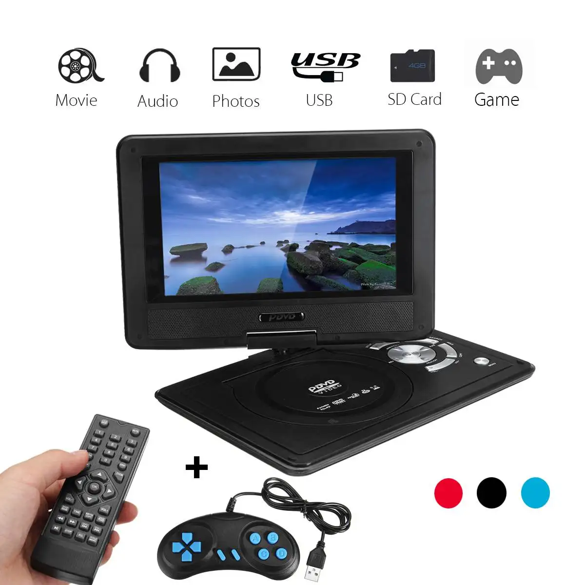 

9.8 Inch Portable Rechargeable Car DVD Player Game Video Control 270 Degree Screen With Game FM Radio TV AV Monitor Card Reader
