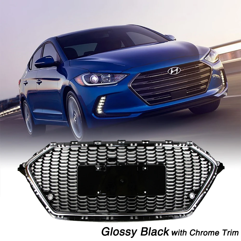 Решетка переднего бампера для Hyundai Elantra AD 2017 2018 глянцевая черная хромированная