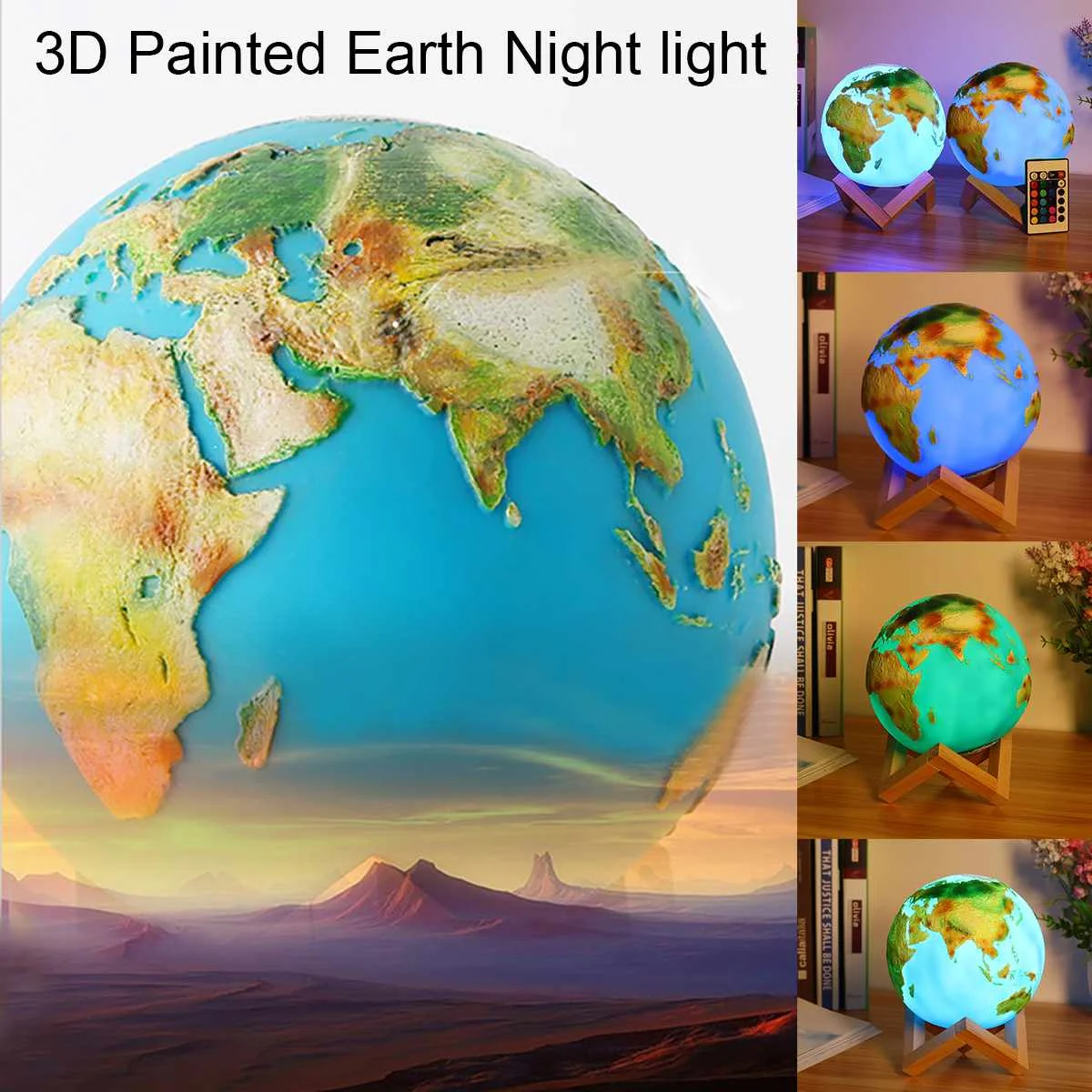 

3D Painted Earth Night Light USB LED Rechargeable Touc h Pat/ RC Moon Lamp Decor Bedroom Lights 500mAh Battery Color Night Ligh