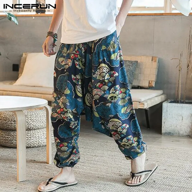 INCERUN мужские шаровары с резинкой в талии с принтом в стиле хип-хоп, Повседневное пляжные брюки мужские, штаны для бега свободный Винтаж кросс-Штаны в уличном стиле