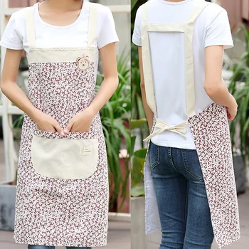 

New Kitchen Apron For Women Double-deck Cotton Linen Small Floral Chef Commercial Restaurant Pinafore Baking Accessories36