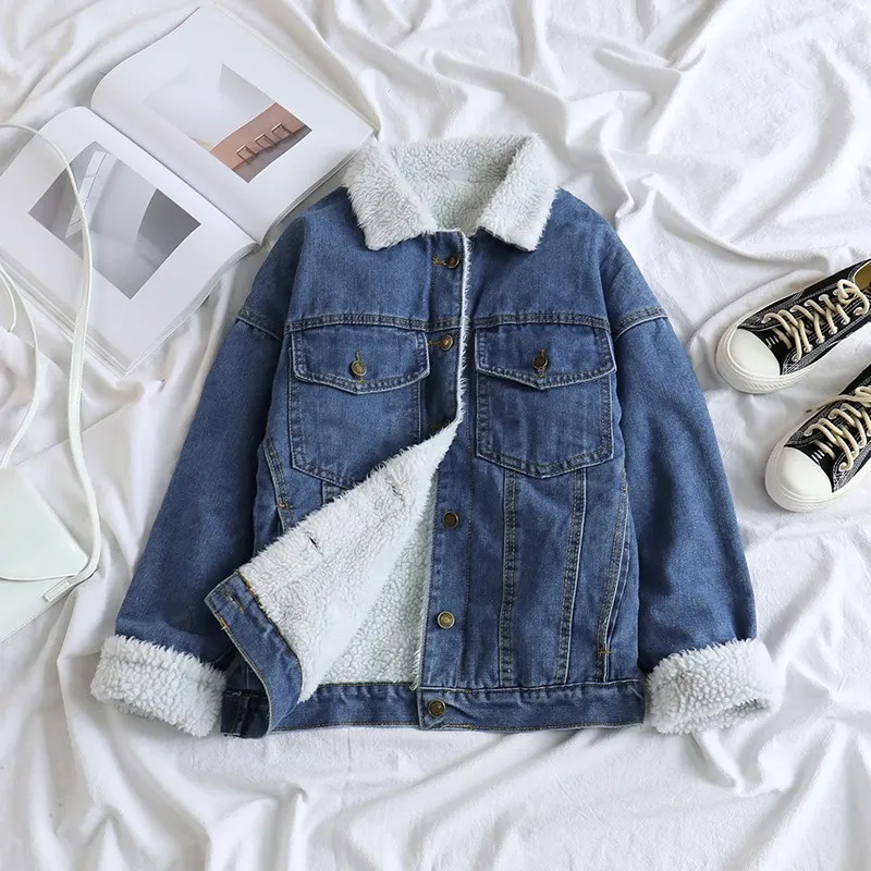 Spring Faux Fur Denim Jacket Causal Women Front Button Flap Pockets Blue Lambswool Jeans Coat Thick Lining Bomber Parka Jacket