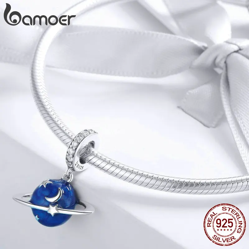 BAMOER 925 Sterling Silver Secret Planet Moon Star Pendant Blue Enamel Charms Fit Charm Bracelets Necklace Silver Jewelry SCC933