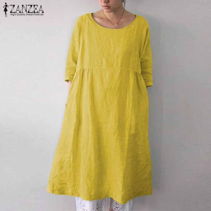 

Plus Size Women's Half Sleeve Sundress 2019 ZANZEA Vintage Solid Linen Dress Fashion Female Shirts Dress Woman Party Robe Femme
