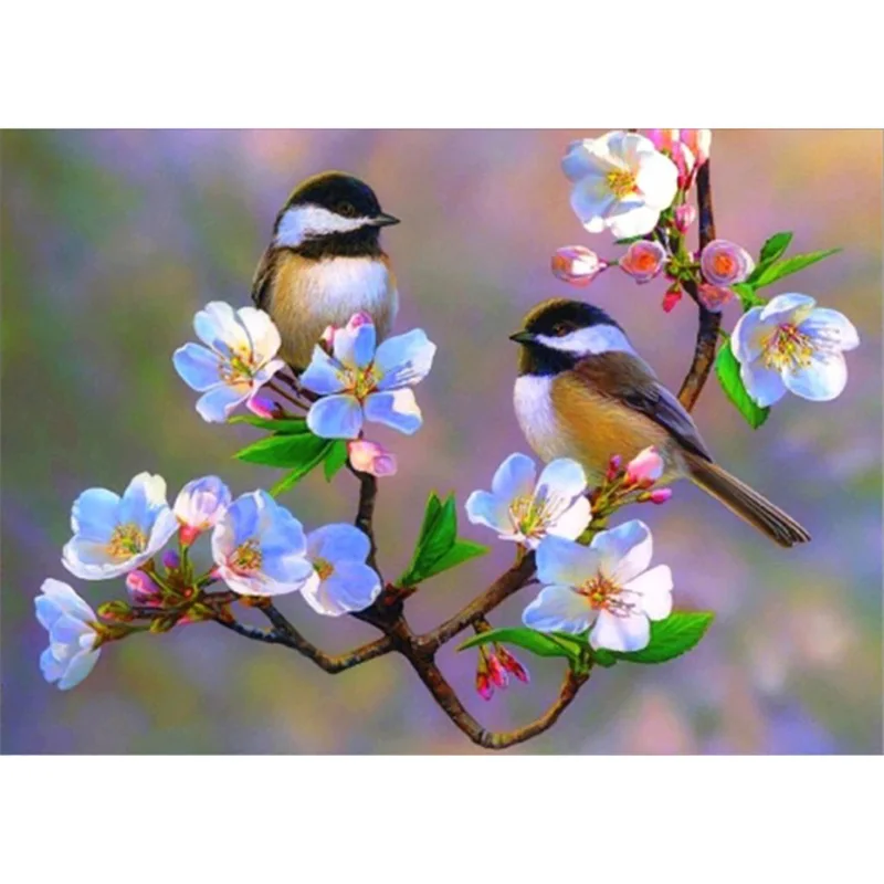 

New-5D Diamond Painting Cherry Blossom Chickadees Bird Picture Handmade Rhinestone Needlework Diamond Embroidery