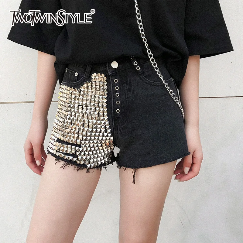 

TWOTWINSTYLE Rivet Denim Shorts Female Summer High Waist Zipper Patchwork Bodycon Plus Size Trousers 2019 Fashion Clothing New