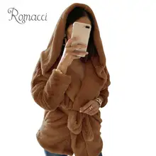 Женское зимнее флисовое теплое пальто с капюшоном, открытый передний длинный рукав, галстук на талии, кардиган для женщин, теплая пушистая верхняя одежда с поясом, куртка