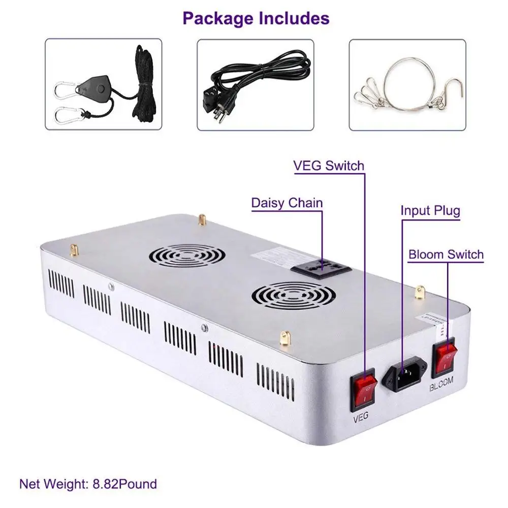 LED Grow Light 1000W Full Spectrum Grow Lights for Indoor Plants with Lens Tech, Veg and Bloom, Daisy Chain, Adjustable Hanger