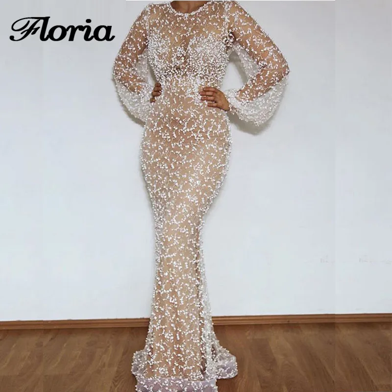 

Elegant Pearls Formal Prom Gowns 2019 Vestidos Saudi Arabia New Long Evening Dresses African White Party Dress Abendkleider