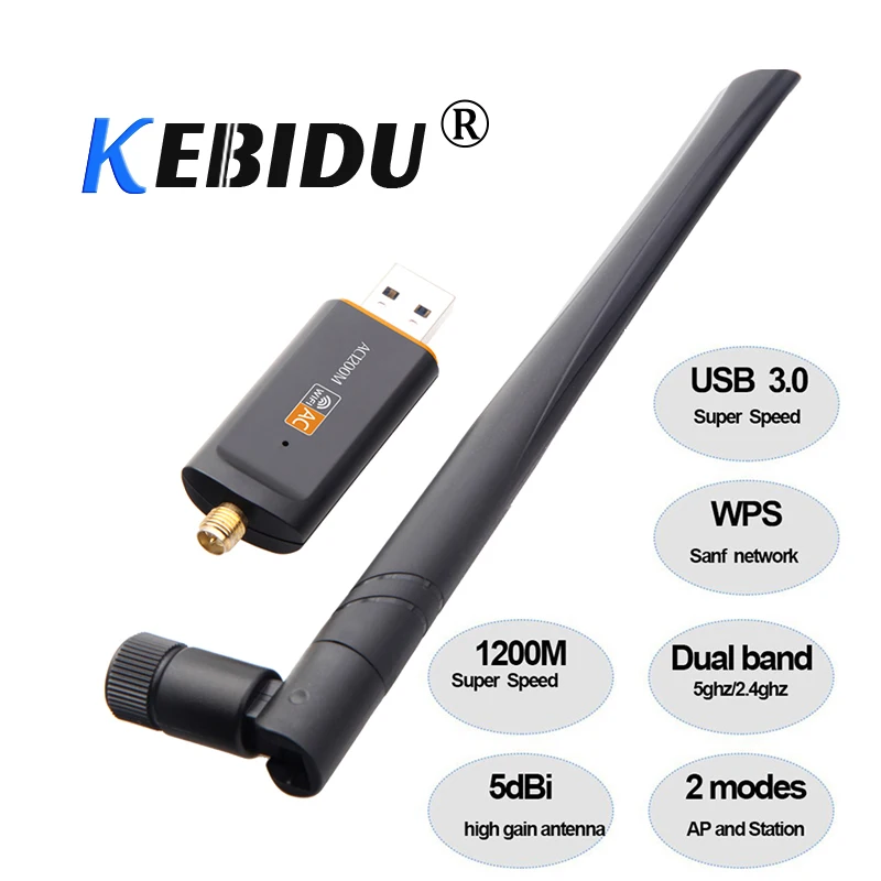 Kebidu 1200 Мбит/с супер скорость USB 3,0 беспроводной Wifi адаптер 2,4 ГГц/5 ГГц Двухдиапазонная сетевая карта RTL8812 с 5dBi антенной для ПК