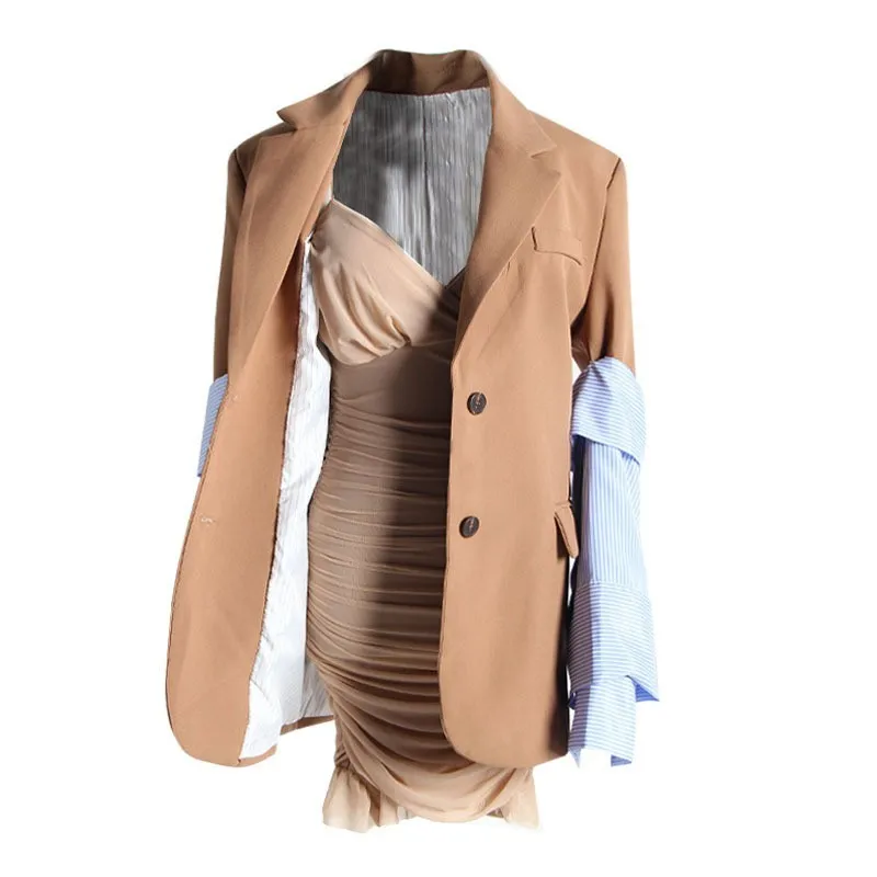 TWOTWINSTYLE лоскутное съемный полосатый рукав Блейзер Пальто Женский разрез сзади большой размер женский костюм Весна Повседневная мода