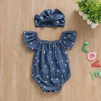 2024 Brand New 0-24M Infant Baby Girls Bodysuits Headband 2PCS Hearts Love Short Sleeve Off Shoulder Jumpsuits Summer Causal Set 2