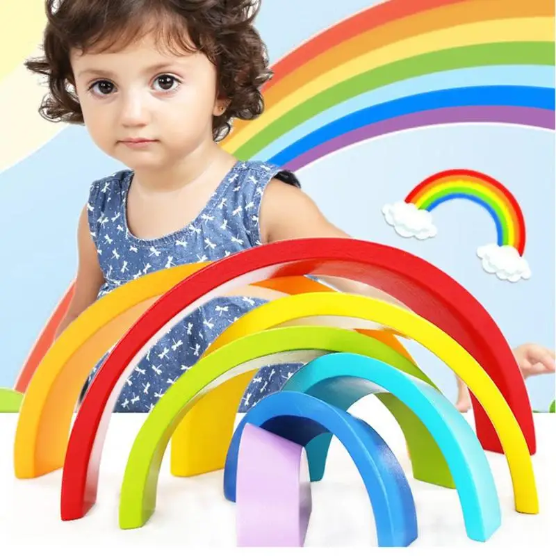 Günstige Kinder Holz Blöcke Spielzeug Bunte Infant Regenbogen Block Montage Spielzeug Kreative Kinder Regenbogen Montage Blöcke Pädagogisches Spielzeug