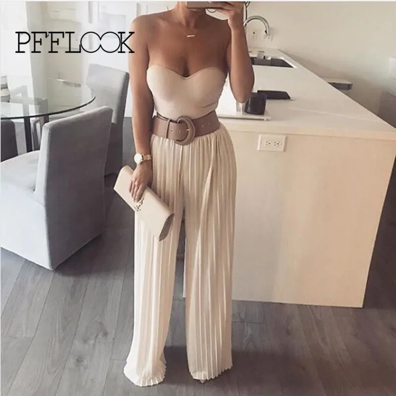 

PFFLOOK Strapless Sexy Jumpsuits Women 2019 Patchwork Solid Rompers Womens Jumpsuit Pleated Wide Leg Pant Party Overall Female