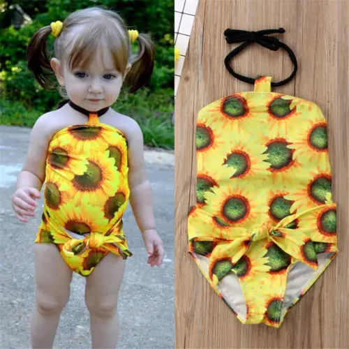 

Floral Toddler Baby Girls Bikini One Piece Sunflowers Swimwear Halter Backless Swimsuit Bow Knot Bathing Suit Kid Cute Beachwear