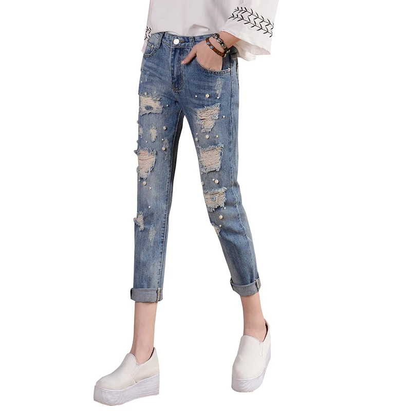 

Spring Summer High Waist Boyfriend Jeans For Hot Women Ripped Hole Vintage Beading Denim Harem Pants