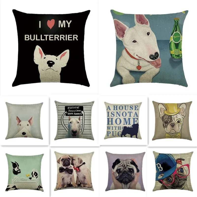 

Dog Pillows Bull Terrier Pug Bulldog Frances Pillowcase Linen Cushion Cover Decorative Pillows Sofa Throw Pillow Cover 40531-2