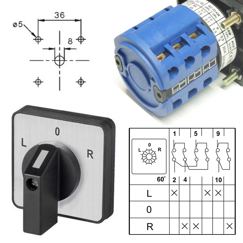 ROTARY CAM SWITCH 3 POSITION CHANGE OVER 25 32 OR 63AMP 4POLE PANEL MOUNT