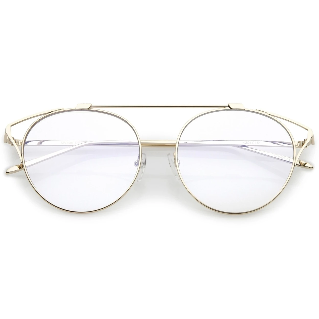 Oversize Open Metal Cat Eye Glasses With Crossbar And Round Clear Flat Lens 55mm |
