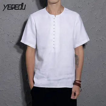 

#4457 White/Black T shirt Cotton Linen Round neck Short sleeve Tee shirt homme Casual Vintage Plus size T-shirt Chinese Style